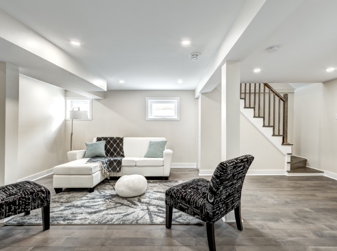 Modern and bright living room with white sofa