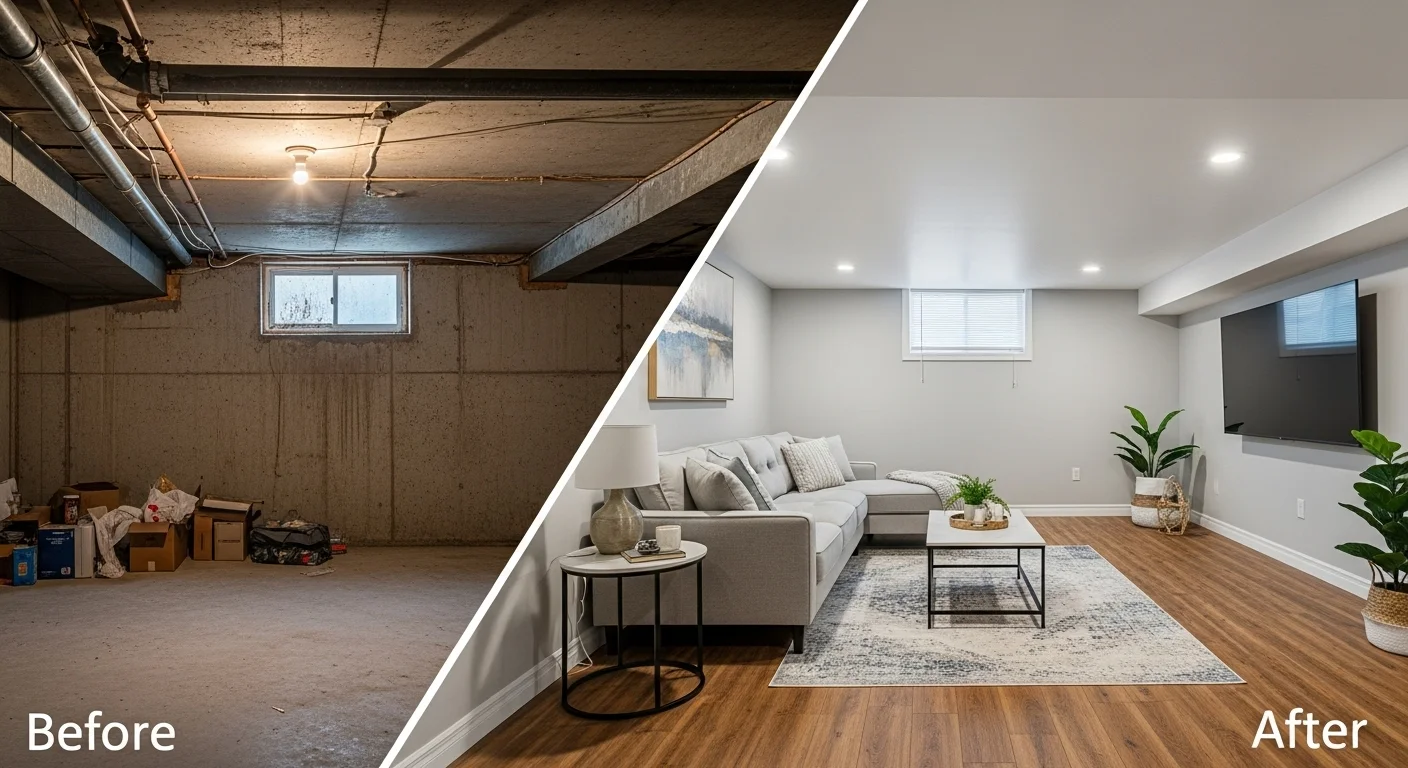 Beautifully renovated basement with modern luxury vinyl plank flooring