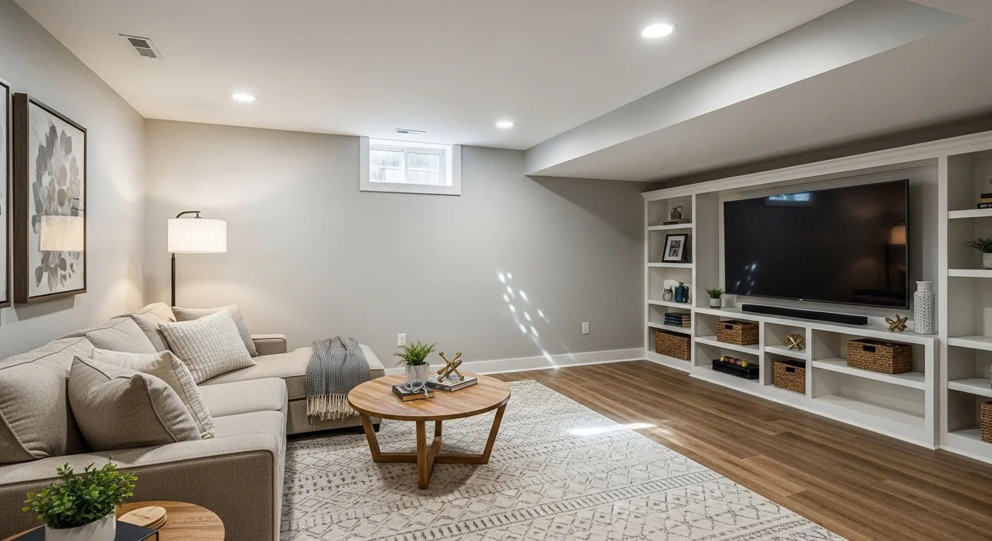Modern finished basement with bright lighting and comfortable furniture