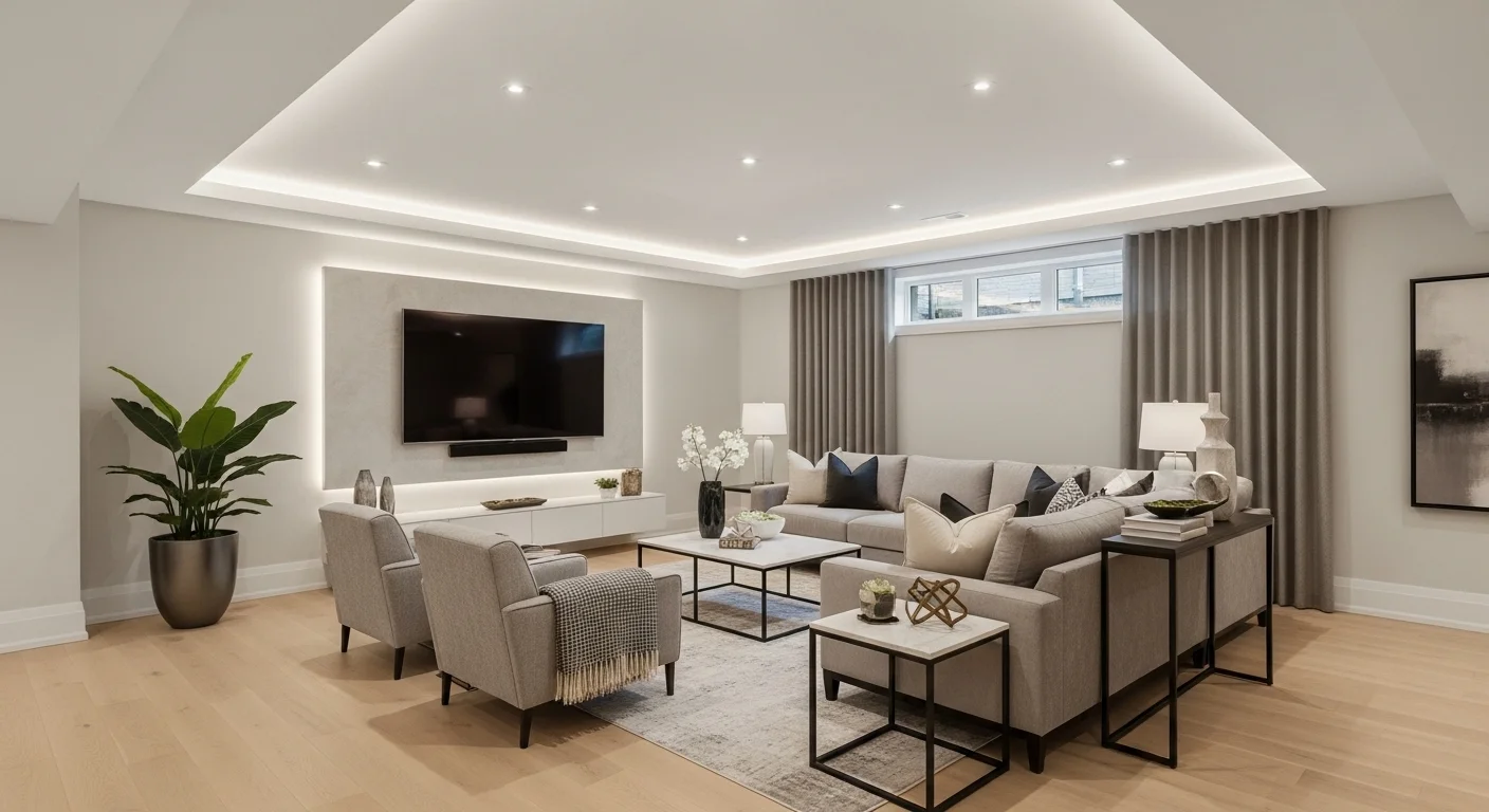 Finished basement with a smooth drywall ceiling and recessed lighting