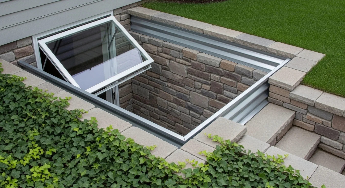 Natural sunlight shining through a basement window onto a staircase
