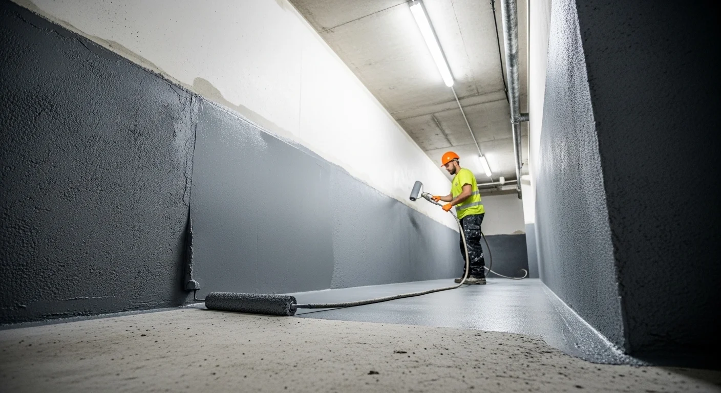 Construction materials laying on a dry concrete basement subfloor