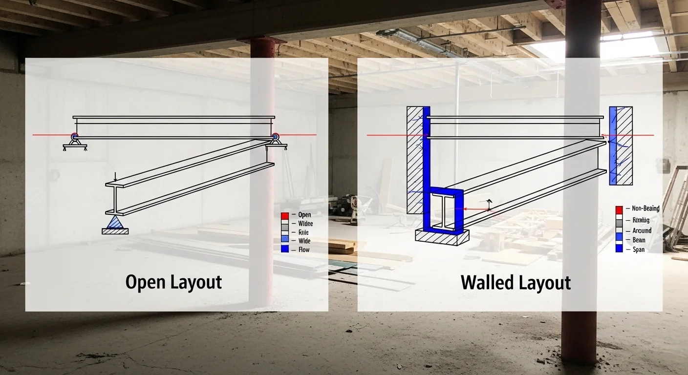 Large open concept finished basement with living area and bar