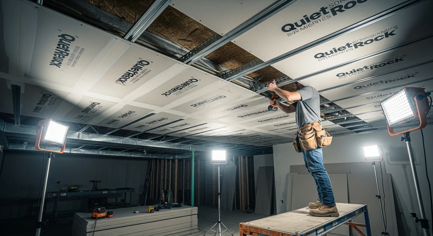 Construction framing of a basement ceiling ready for acoustic insulation