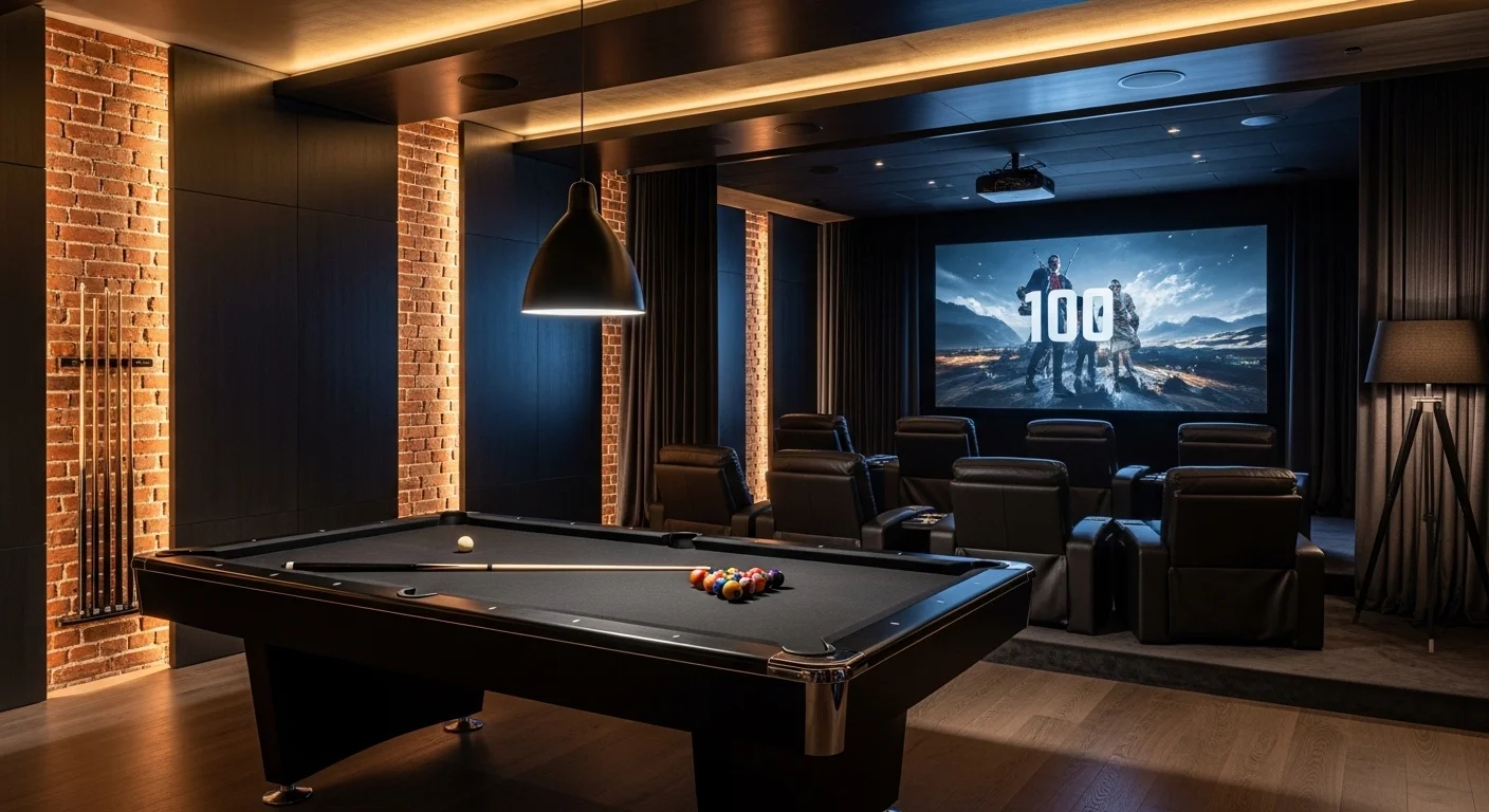 Luxury basement game room with a pool table and warm moody lighting