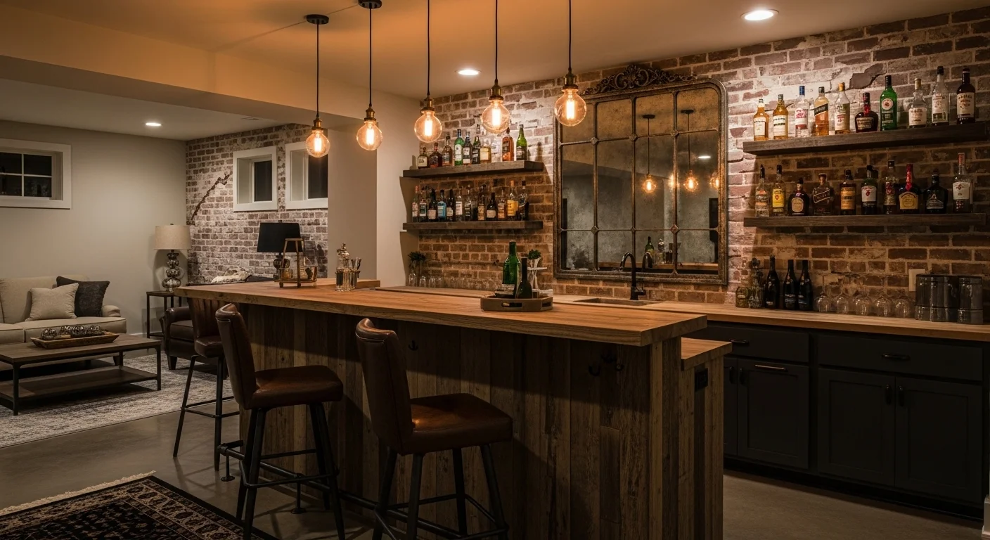 Dark modern basement bar with stools and glowing lights