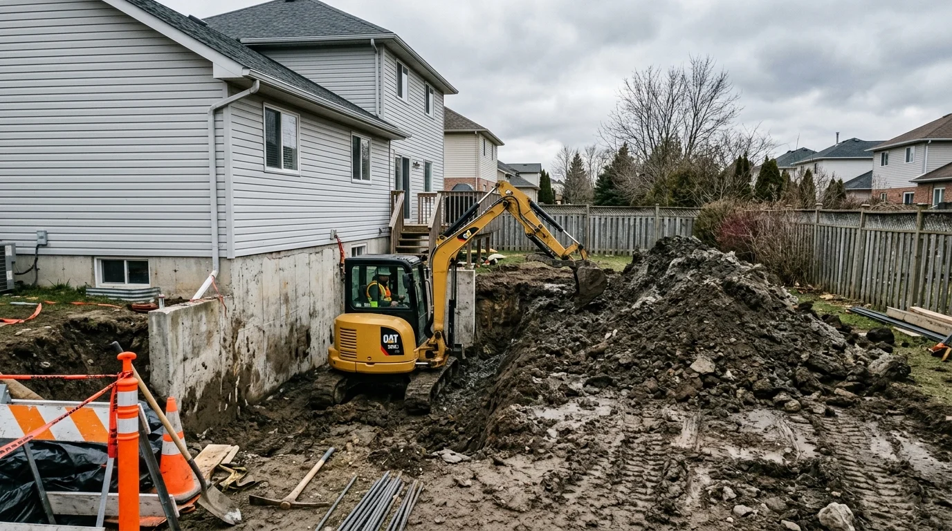 Construction worker inspecting a concrete foundation wall before excavation