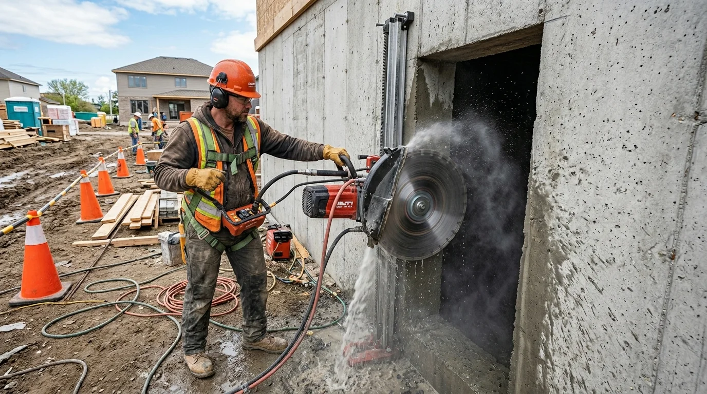 Close up of an exposed concrete foundation wall