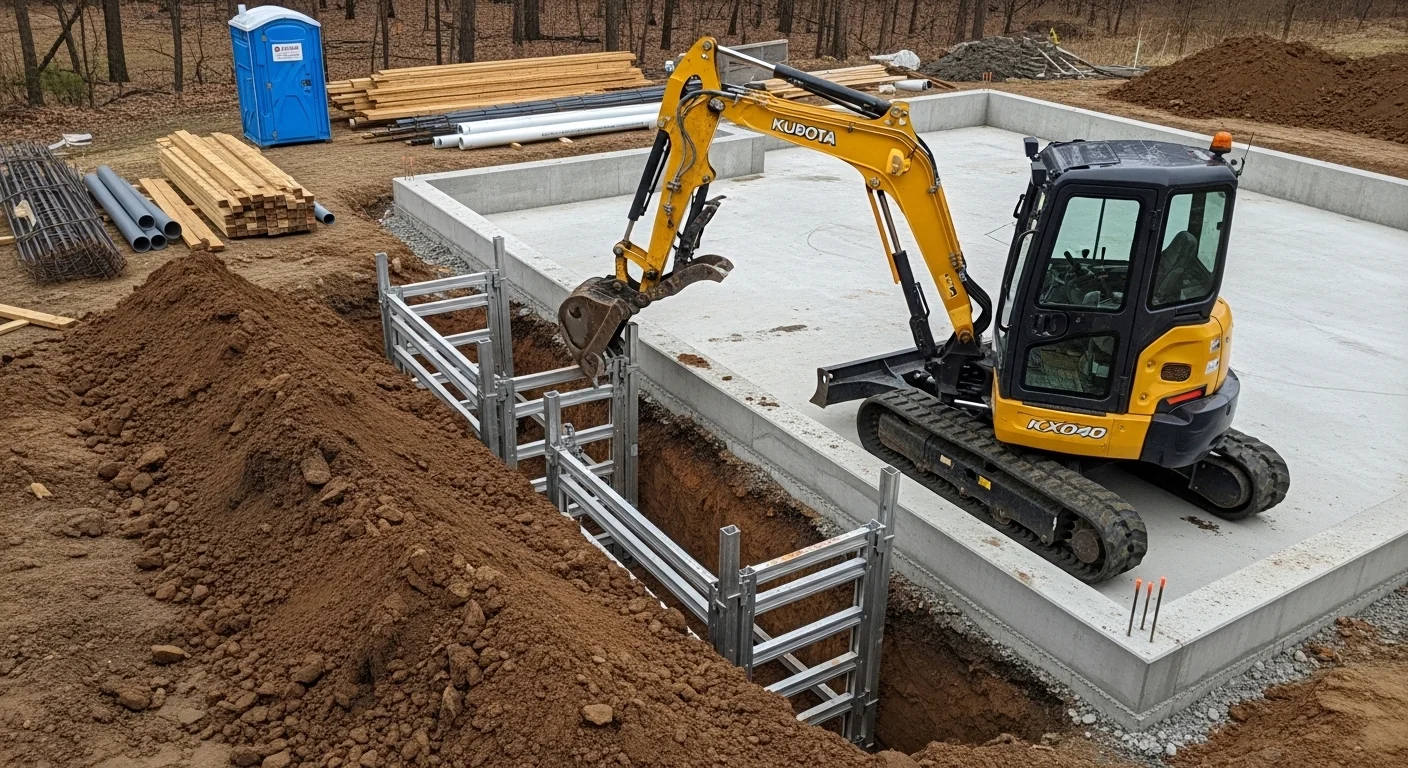Excavator digging a trench for basement walkout