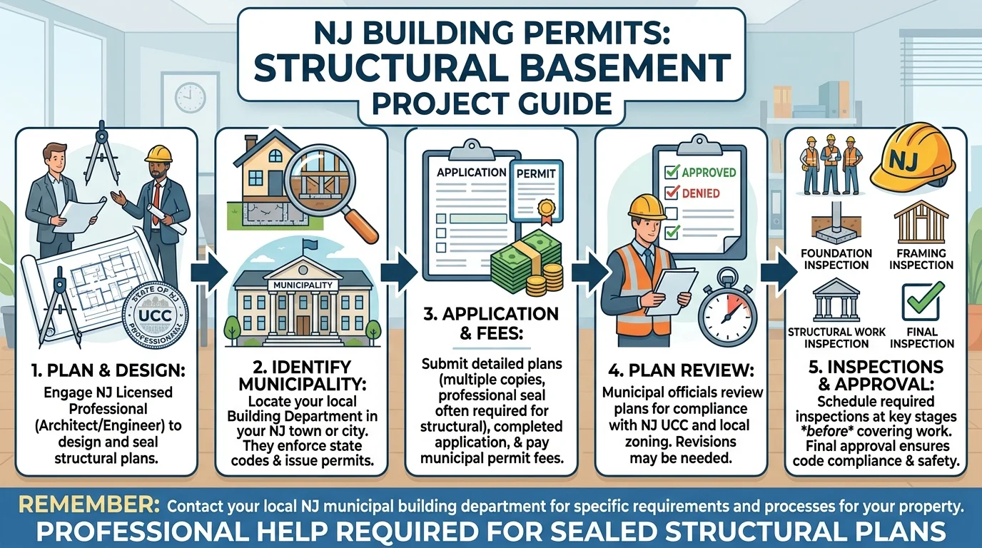 Contractor and homeowner reviewing building plans in a basement
