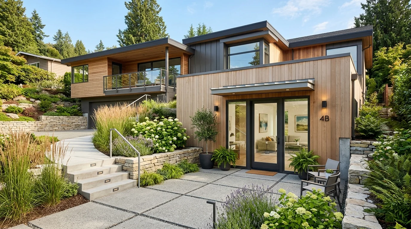 Bright modern basement apartment bedroom with private exterior door