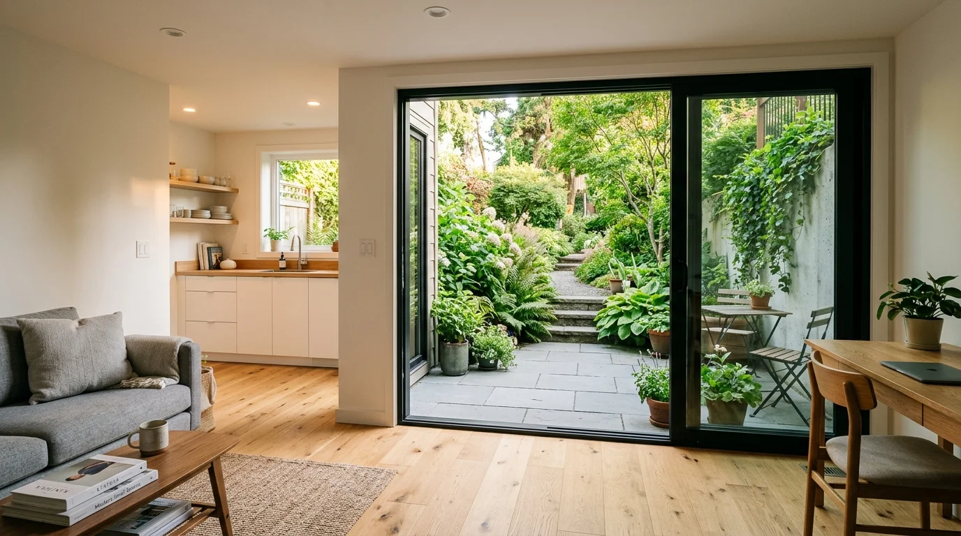 Finished basement living area leading out to a backyard patio