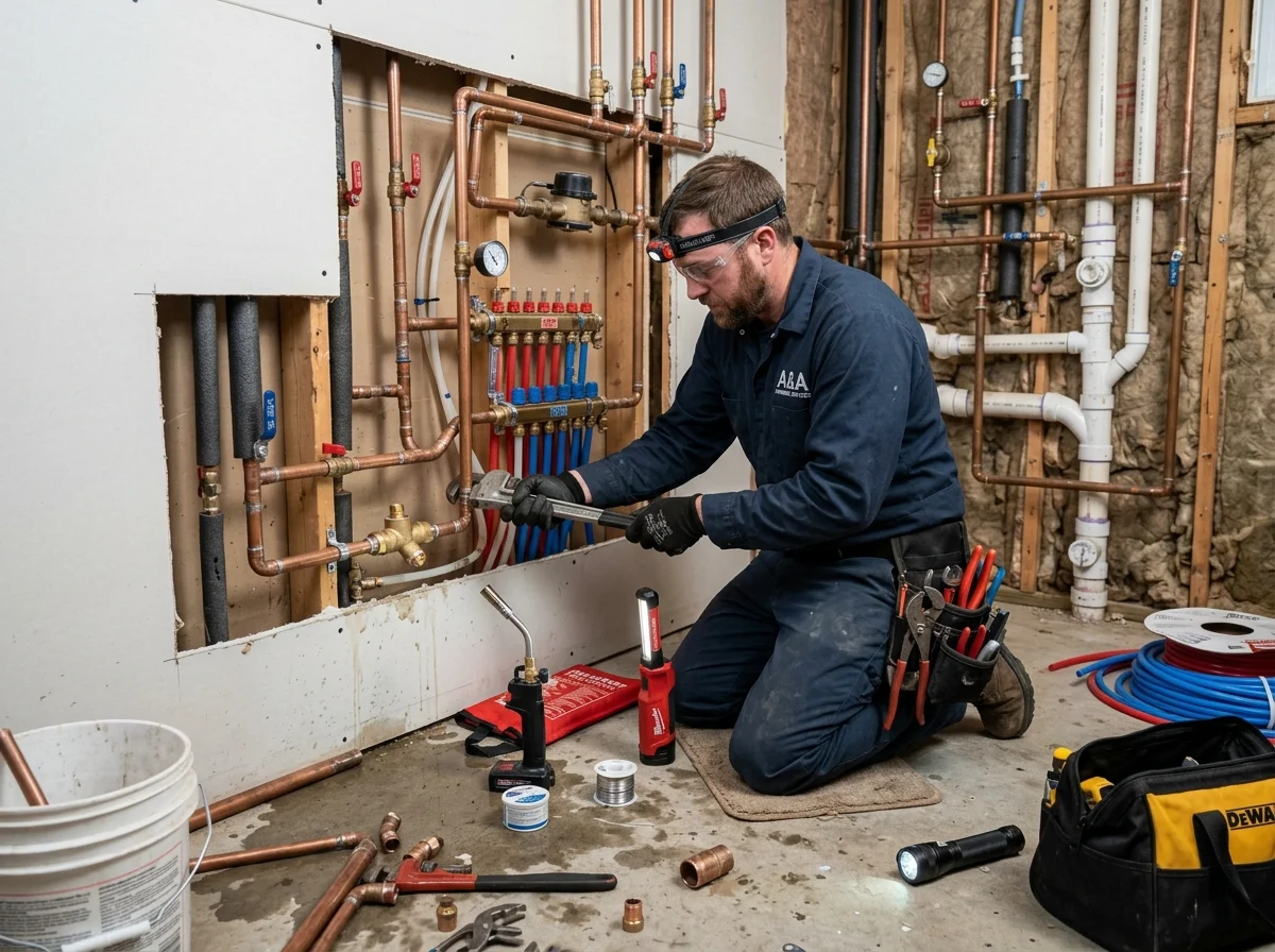 Professional Plumber working on pipes