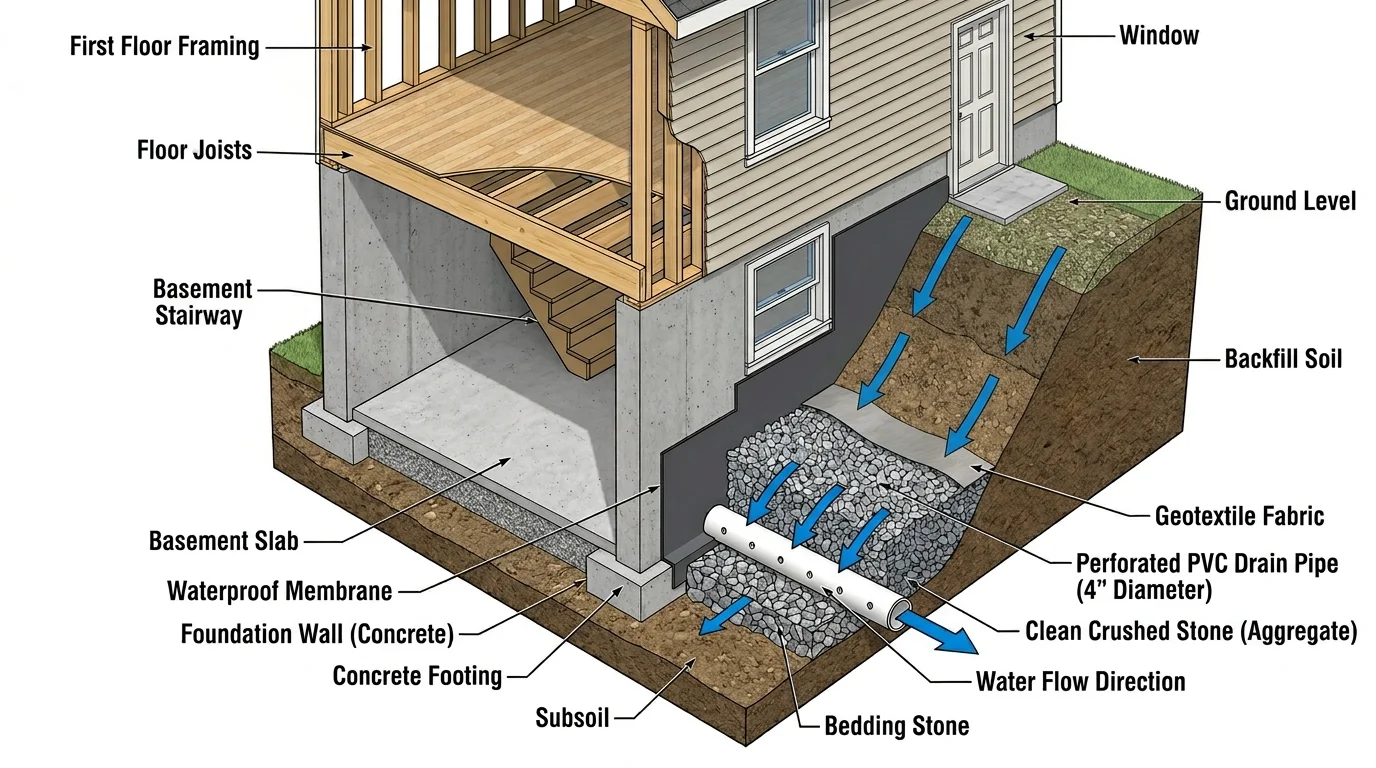 Exterior concrete drain at the bottom of walkout basement stairs