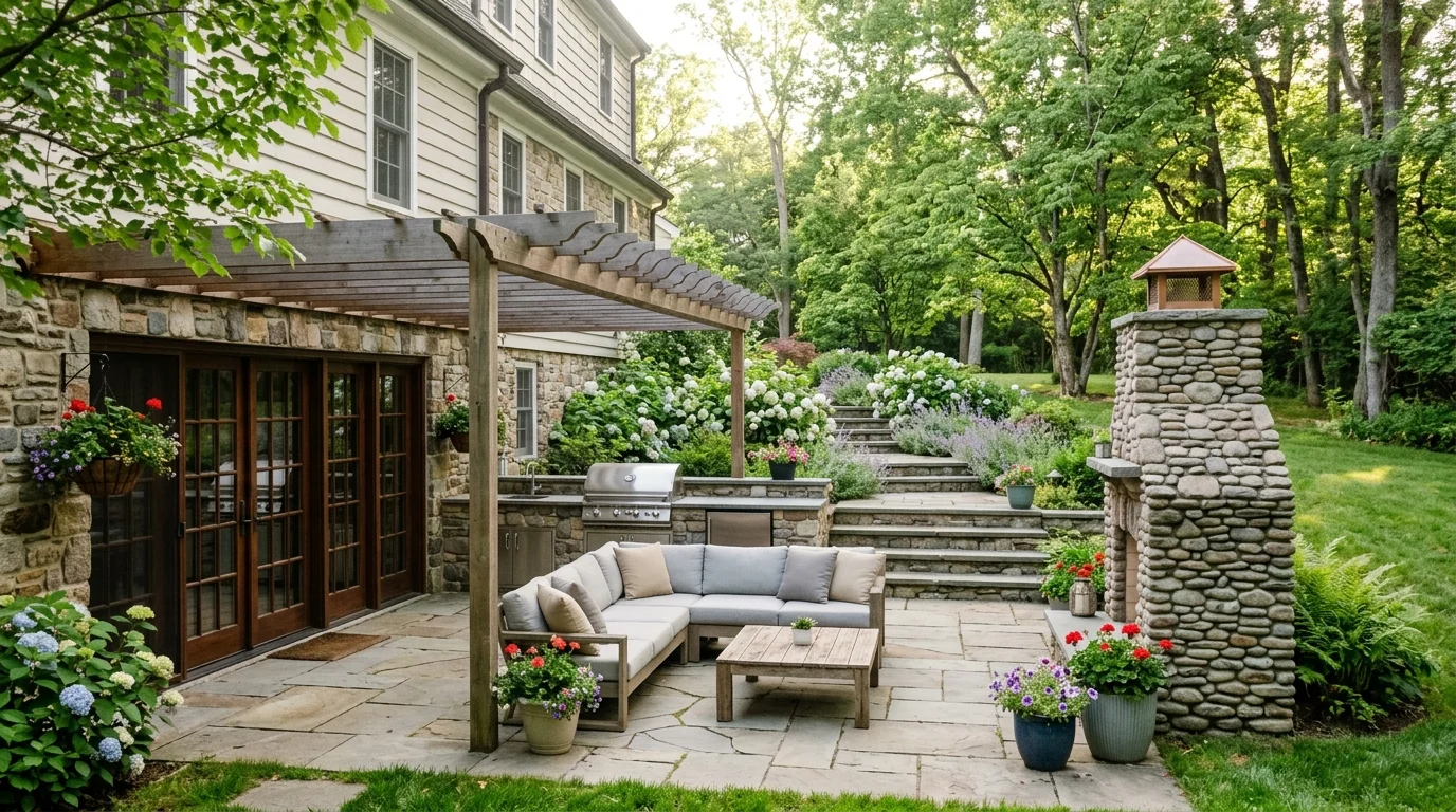 Sunken stone patio area outside a modern basement