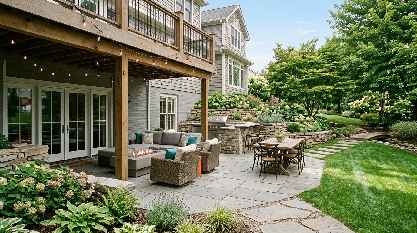 Beautiful walkout basement patio with comfortable seating and fire pit