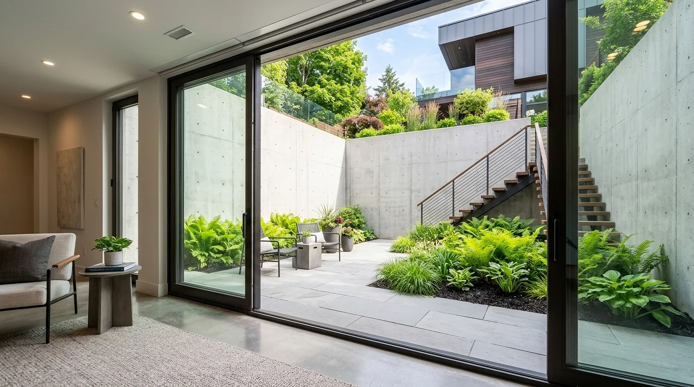 A newly constructed block retaining wall alongside a basement stairwell
