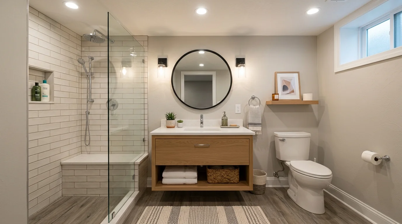 Modern luxury basement bathroom with walk-in shower and glass doors