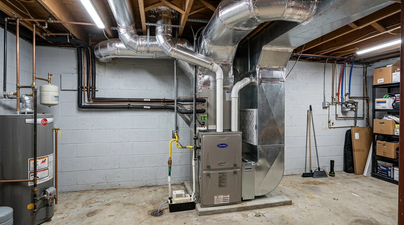 HVAC technician inspecting a basement climate control system