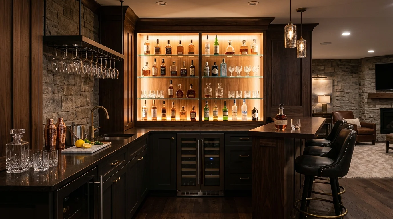 Luxury basement wet bar with dark cabinetry and glowing shelves