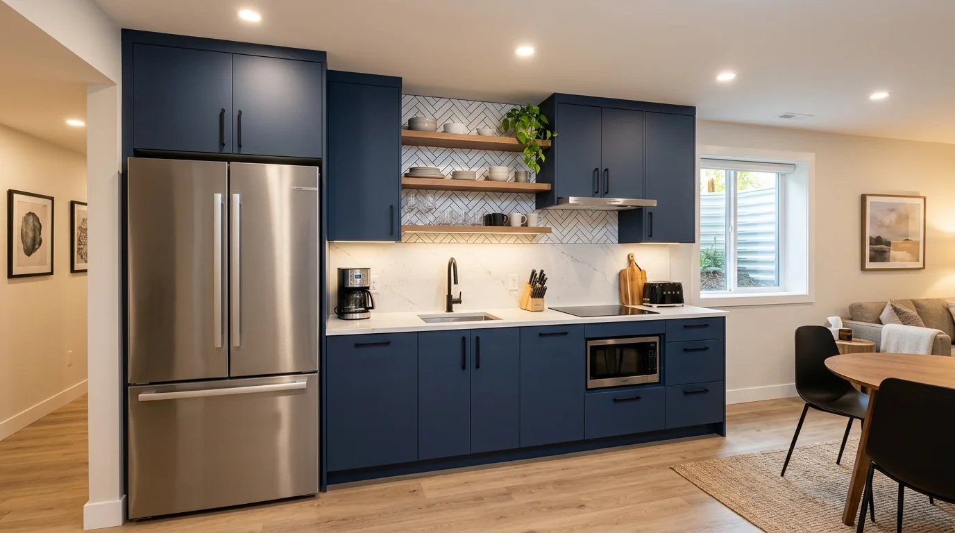 Modern basement kitchenette with full refrigerator and cabinetry