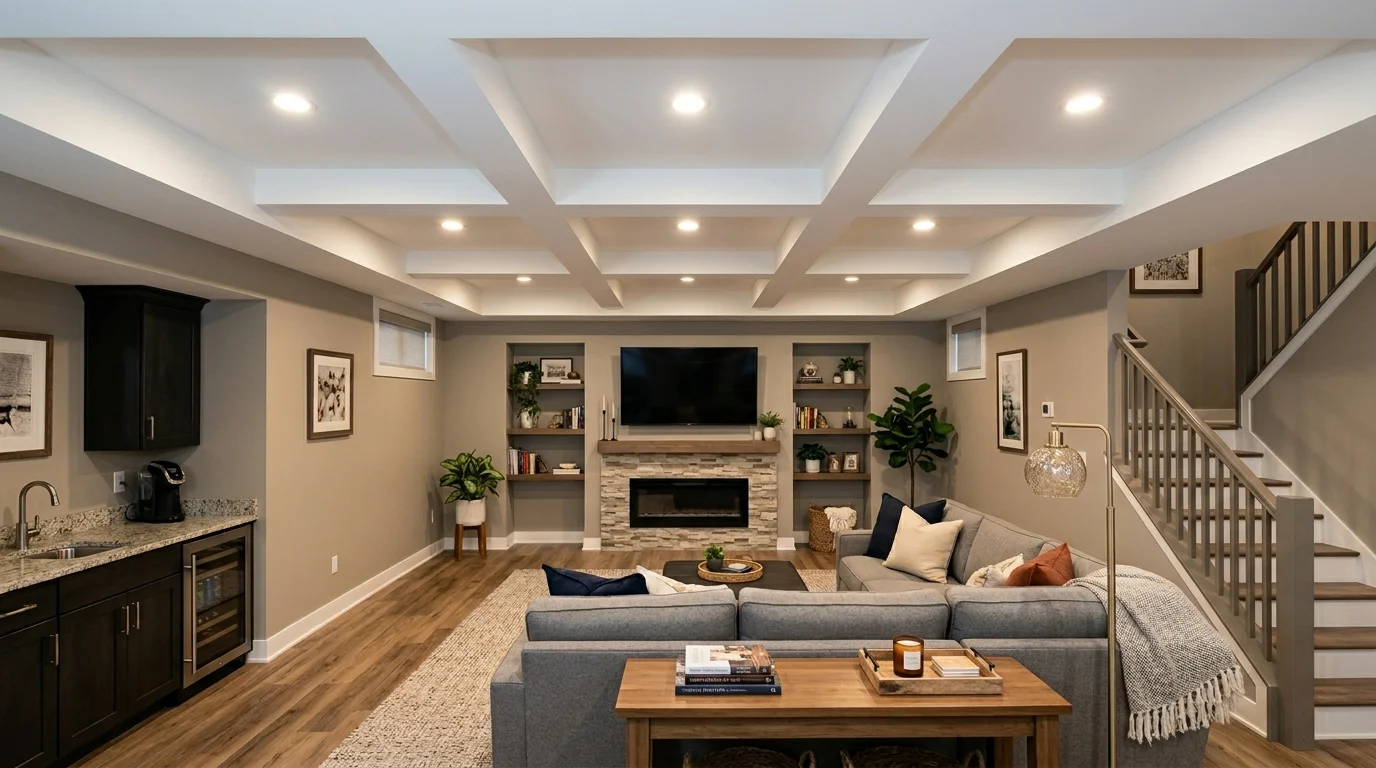 Exposed painted black basement ceiling with industrial lighting