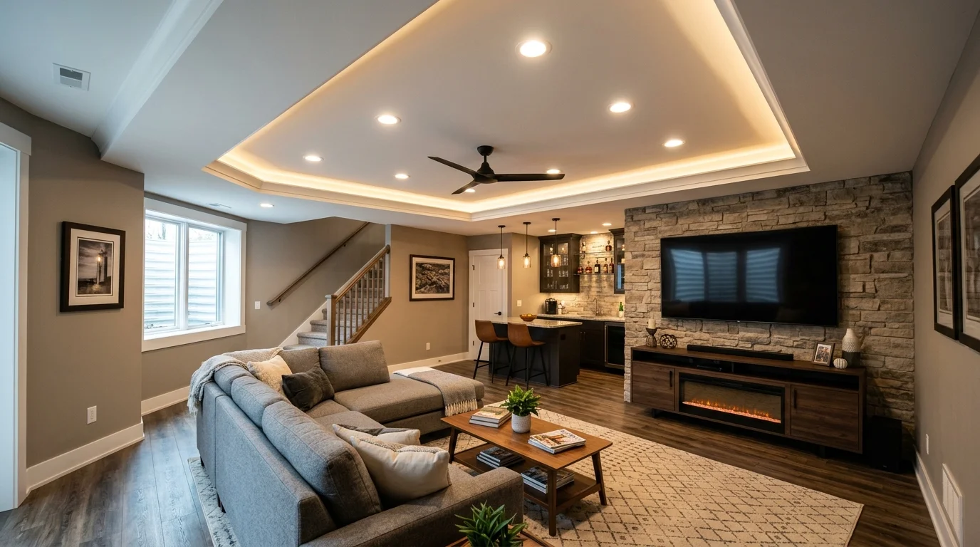 Finished basement with a smooth, recessed drywall ceiling