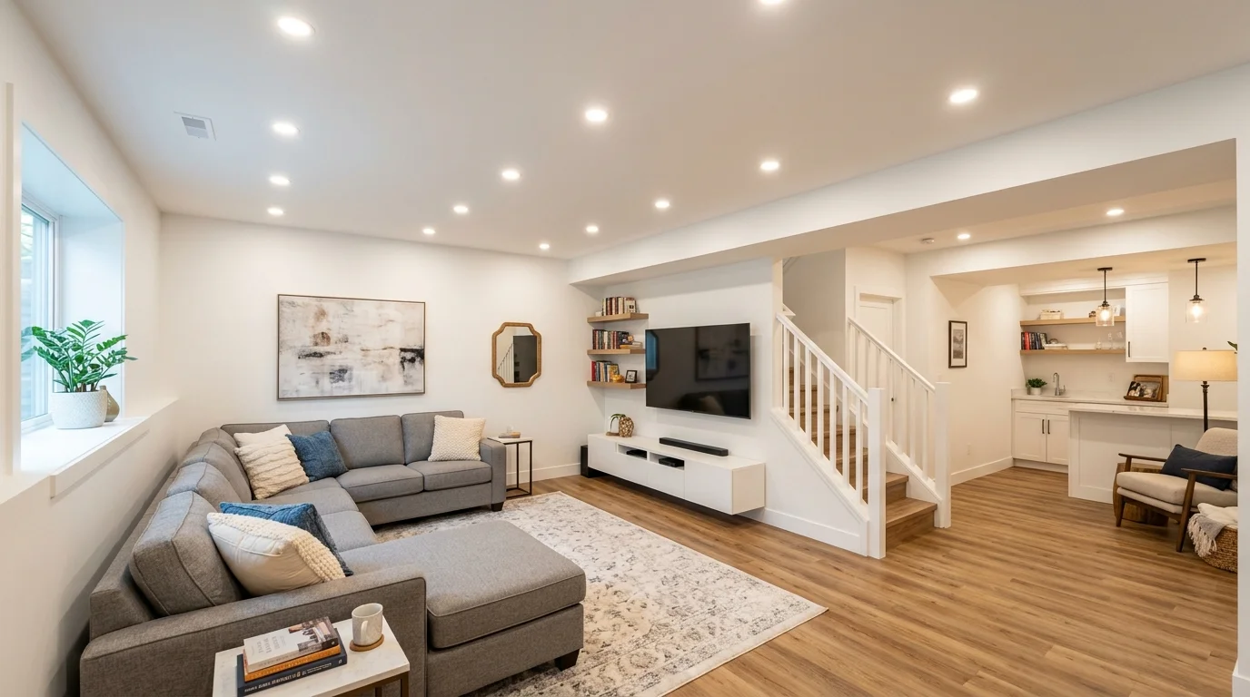 Finished basement using flat white paint and recessed lighting to create height
