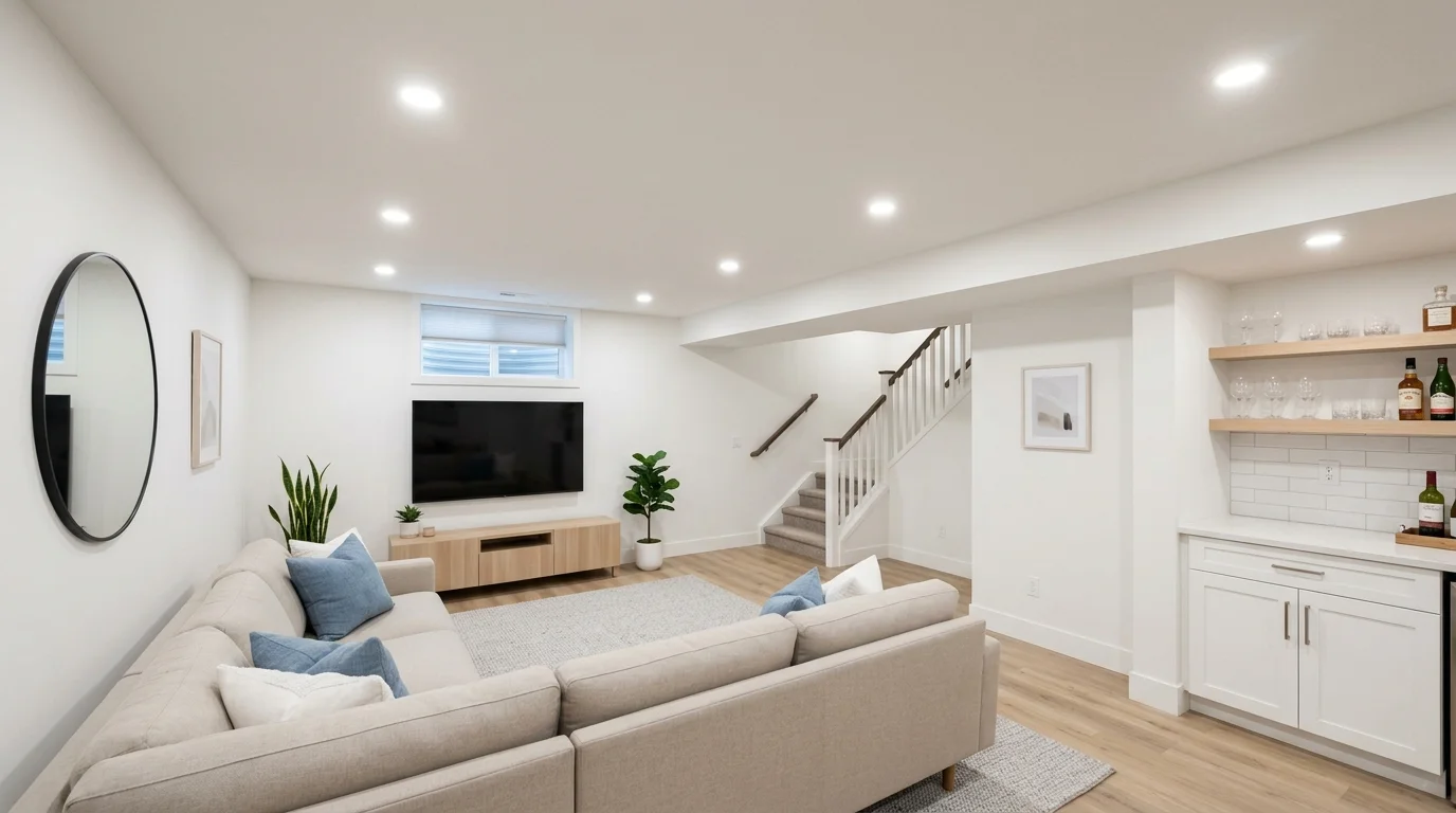 Bright and airy finished basement designed to maximize ceiling height