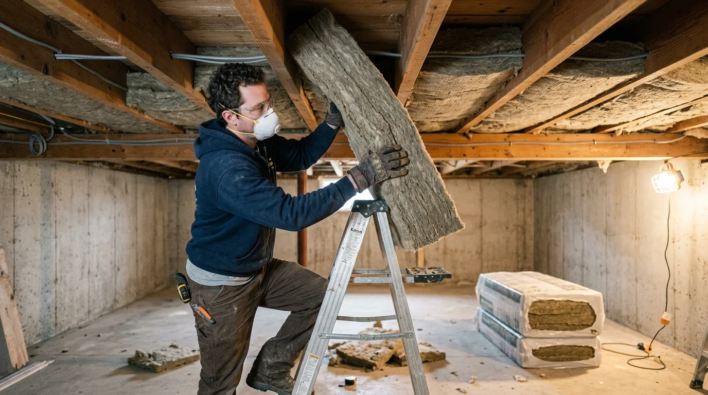 Contractor installing acoustic rockwool insulation in basement ceiling joists