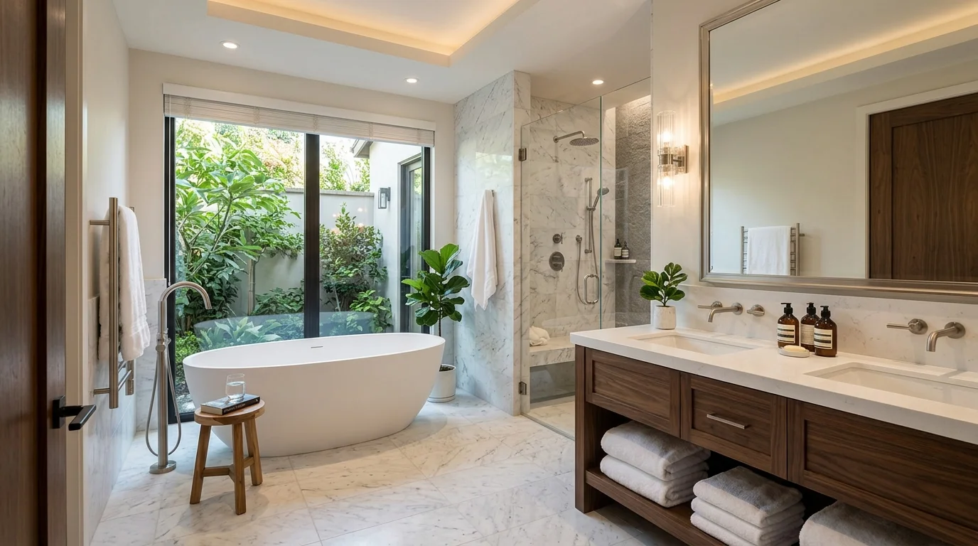 Premium master bathroom with double vanity and backlit mirrors
