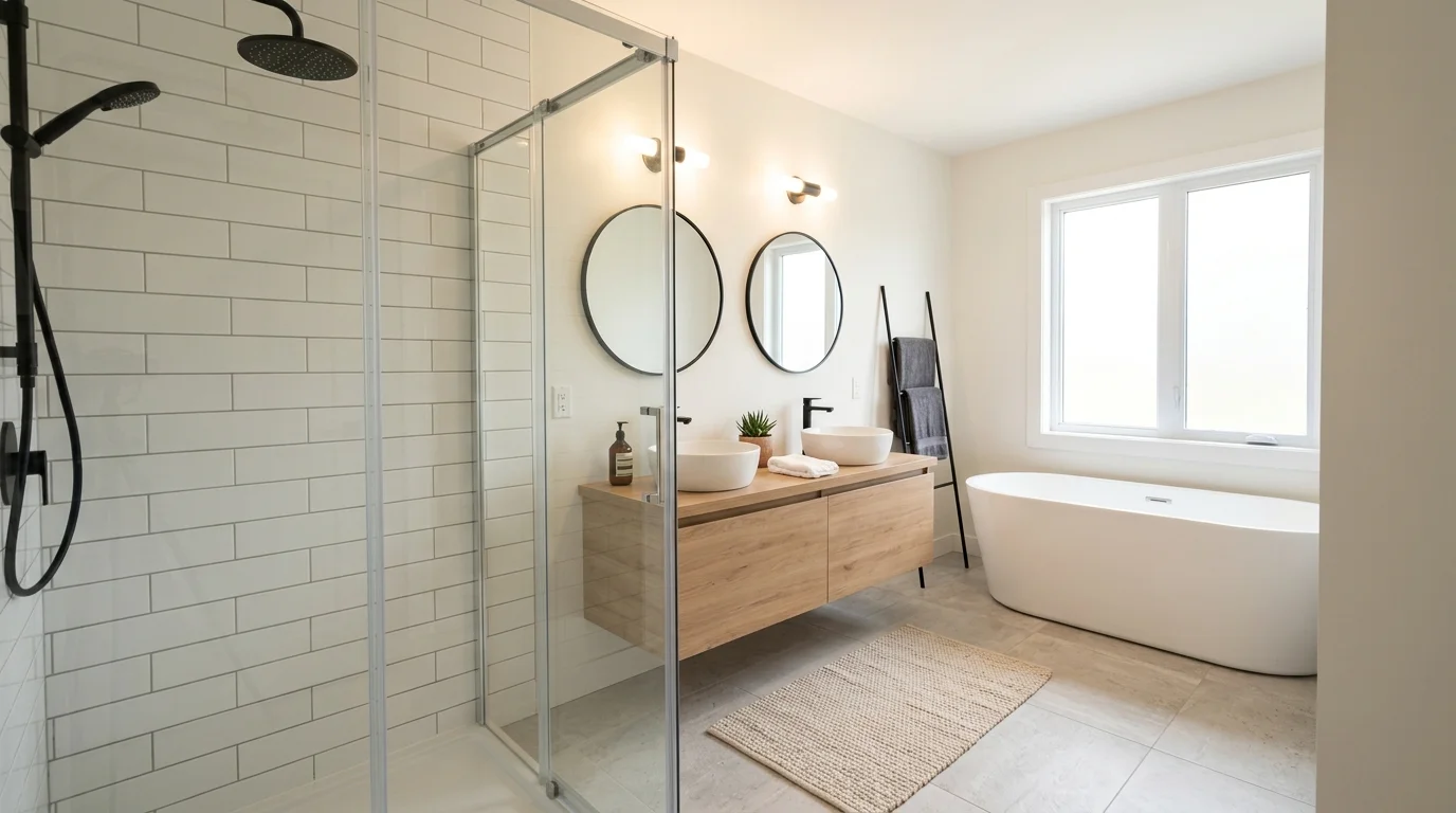 Luxury master bathroom with freestanding tub and custom walk in shower