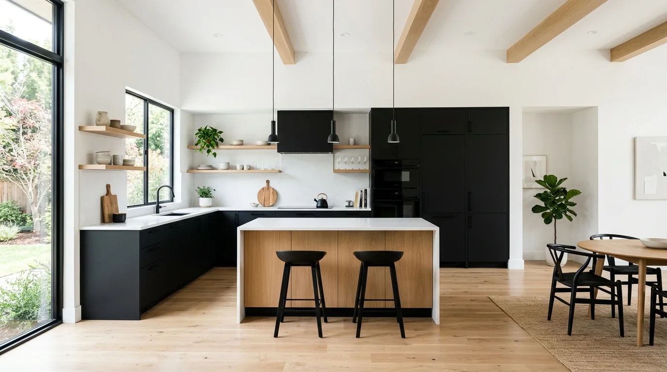 Modern luxury kitchen remodel with custom cabinetry and quartz waterfall island