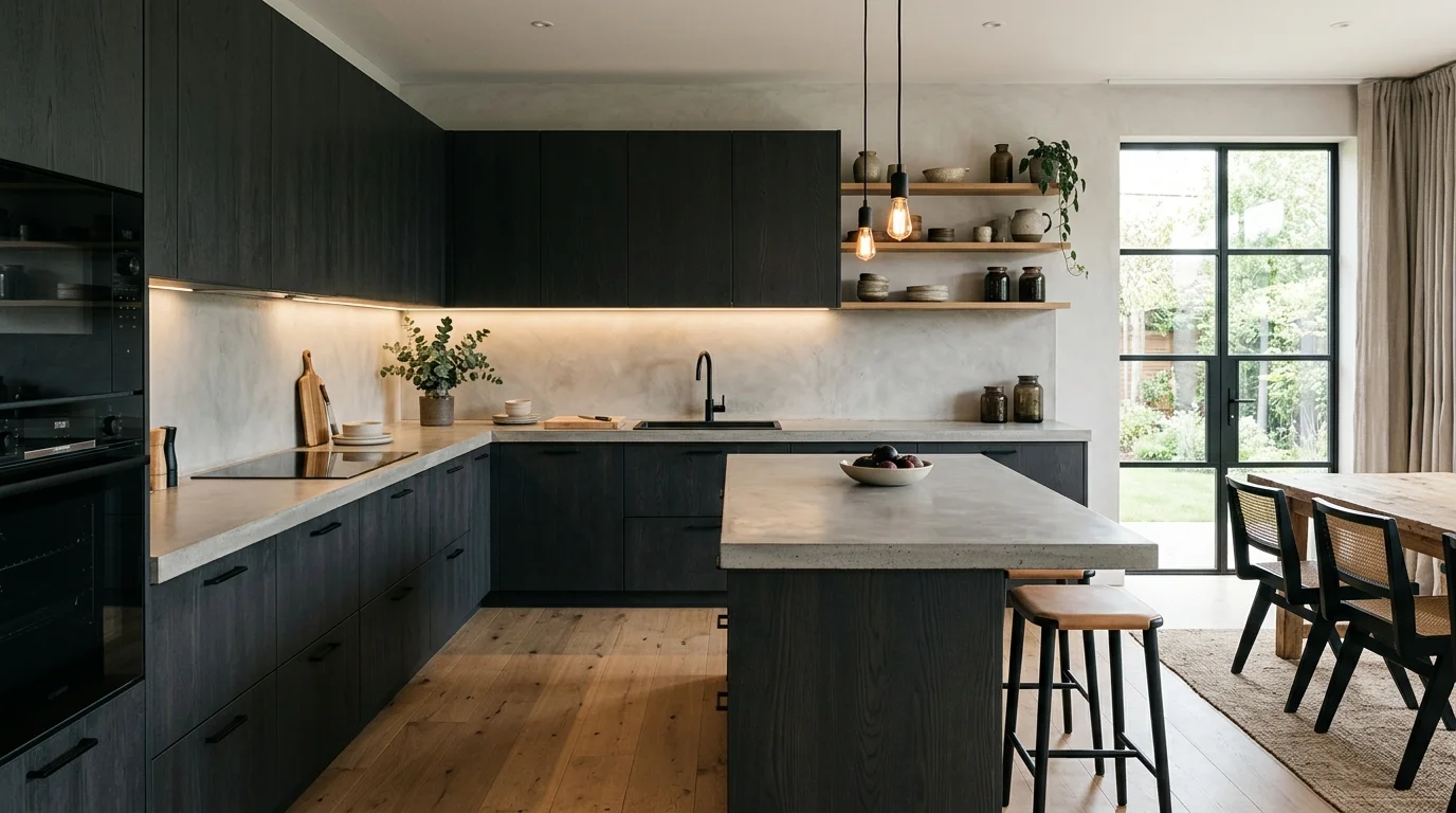 Modern kitchen with large central island and open sightlines to adjacent living spaces