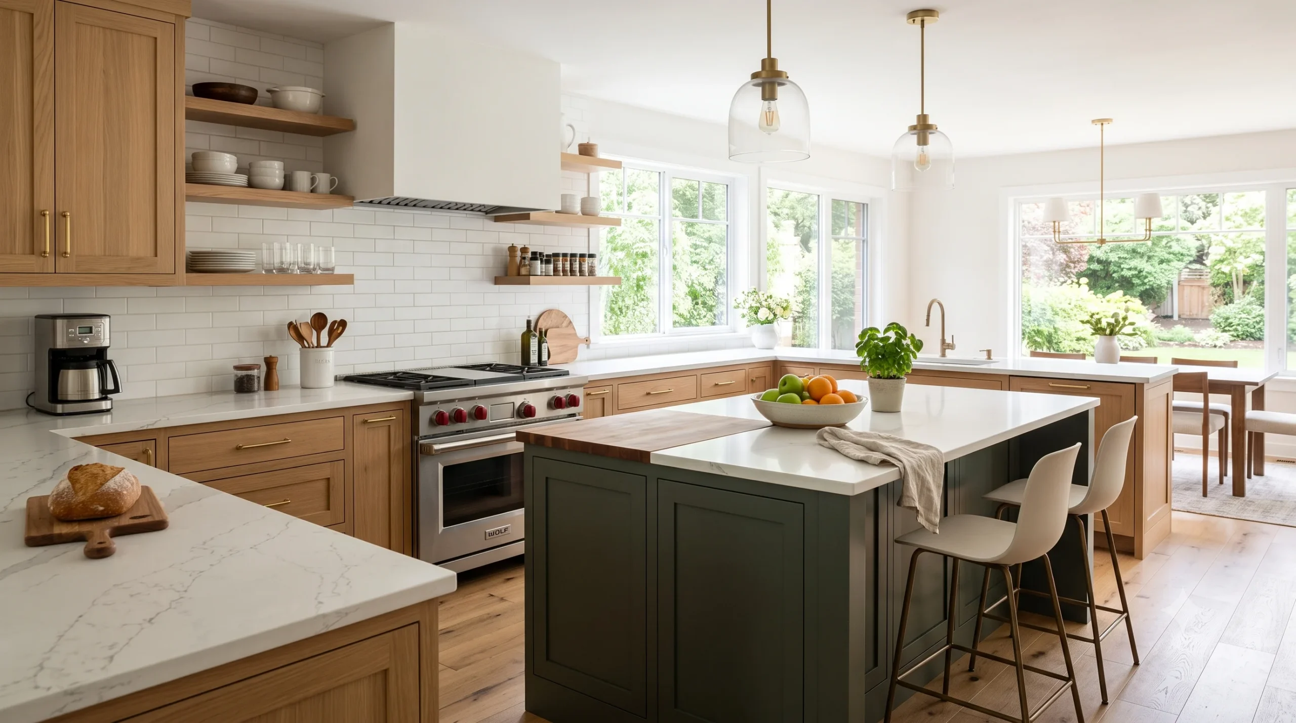 Modern kitchen remodel featuring white quartz countertops with subtle gray veining on a large island