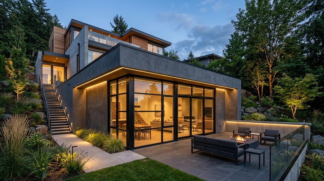 Finished luxury basement walkout with double glass doors leading to patio