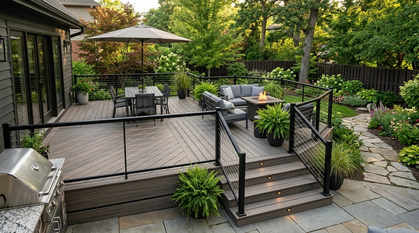 Beautifully constructed composite backyard deck with modern railings