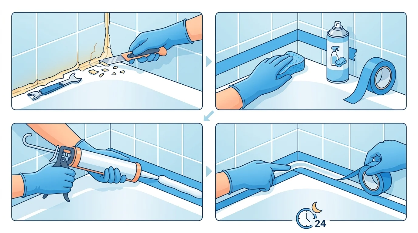 Applying sealant with a caulking gun in a bathroom