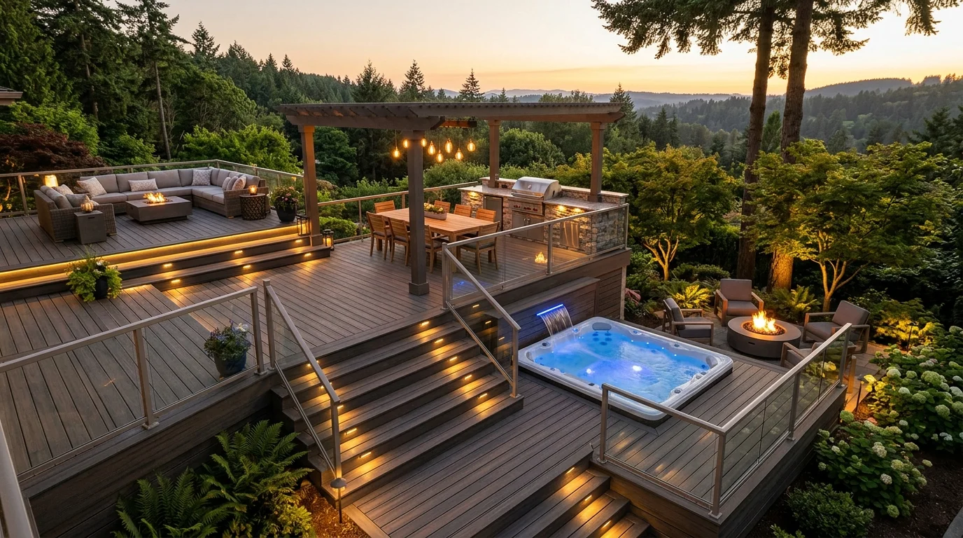Luxury multi-level outdoor living space with composite decking and built-in lighting