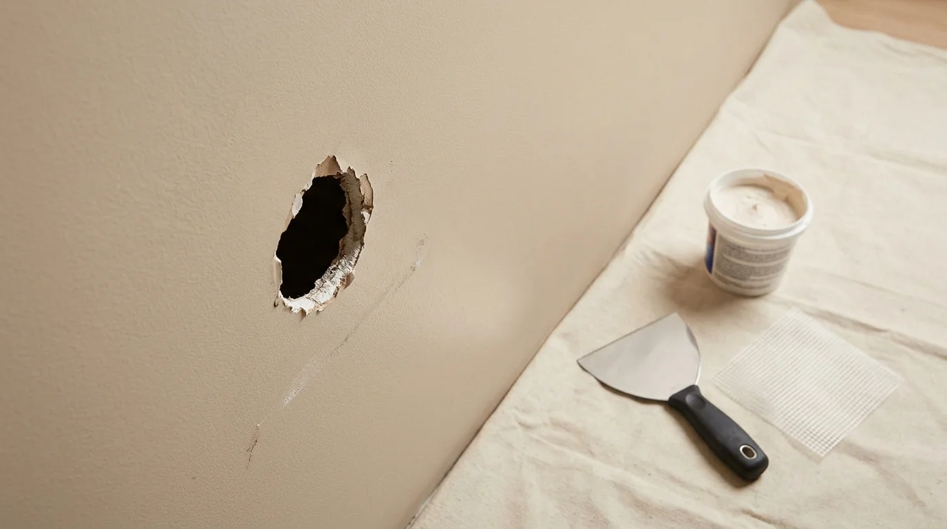 Homeowner holding a putty knife applying joint compound to a drywall patch