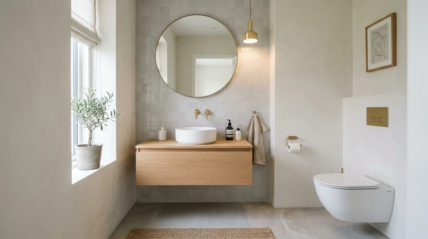 Modern luxury powder room remodel with floating vanity, wall-mounted faucet, and custom tile