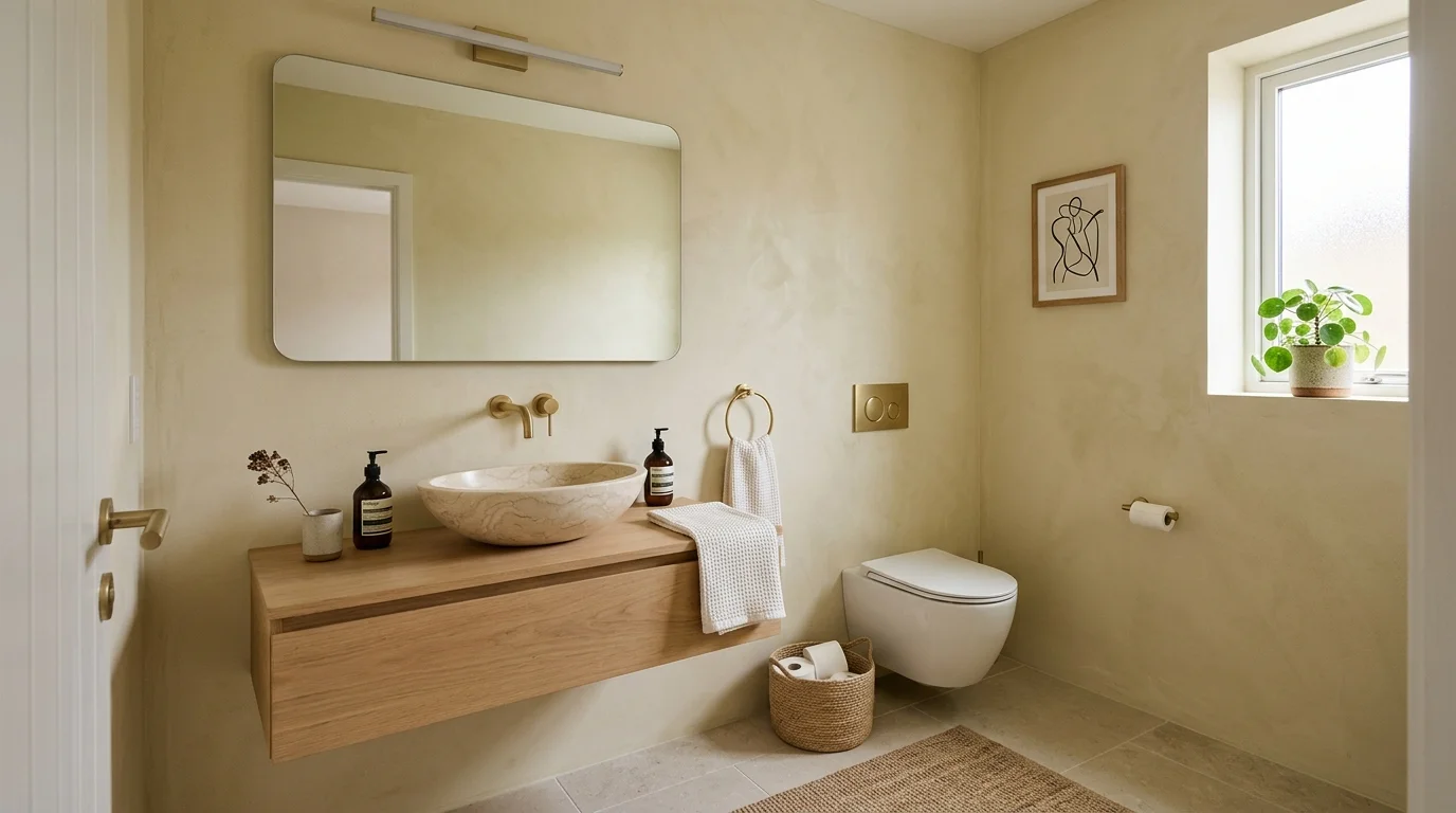 Luxury small bathroom with wall-hung toilet, custom accent wall, and space-saving design