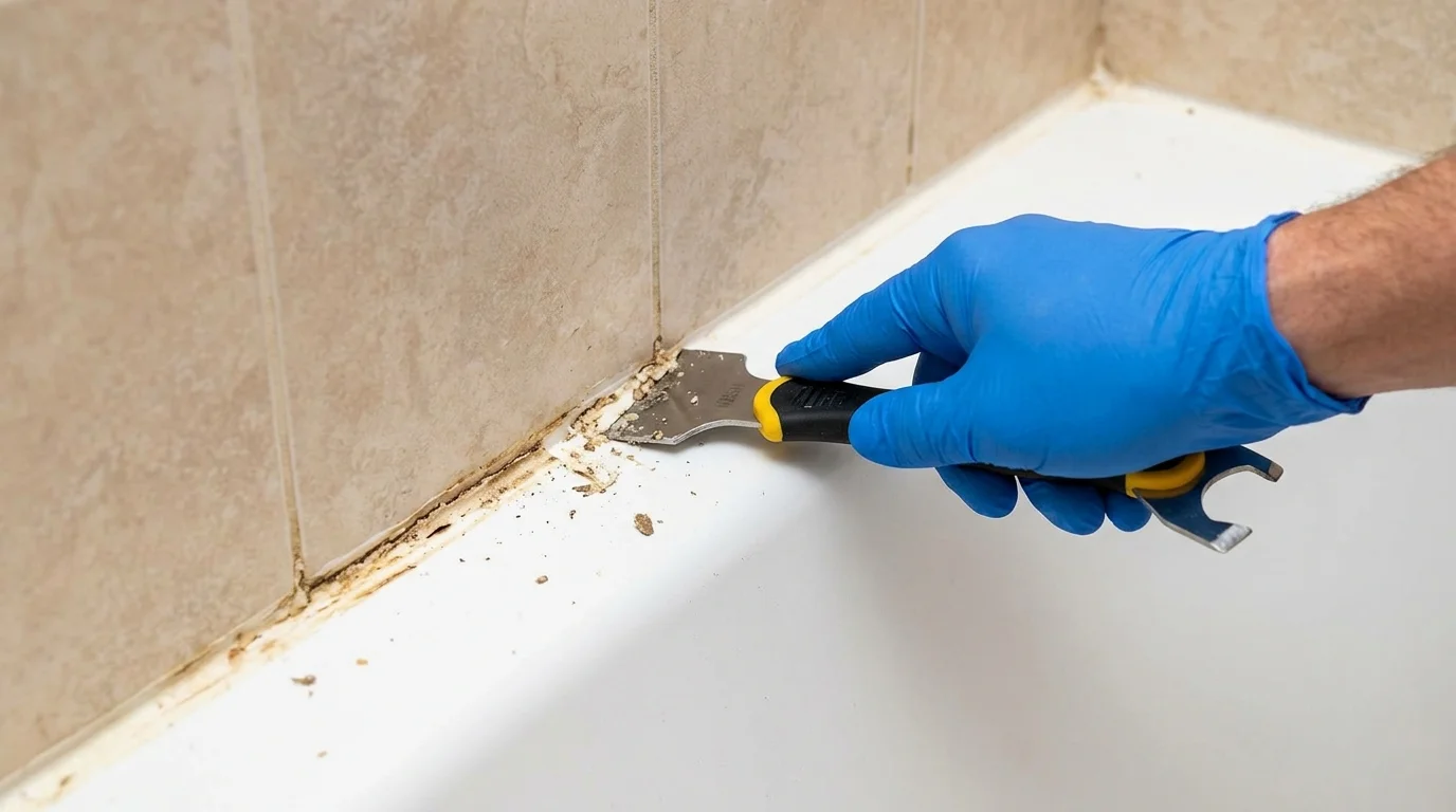 Clean white bathtub meeting freshly caulked subway tile