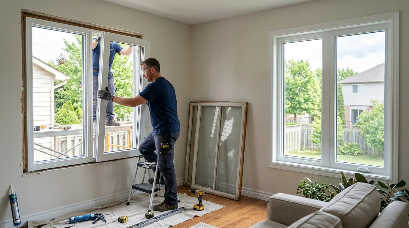 Contractor installing a new bright white double-hung window in a residential home