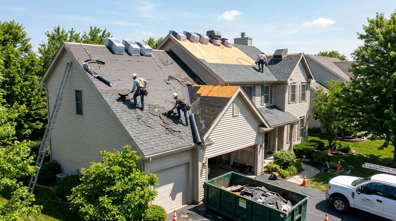 Construction workers installing new asphalt shingles on a steep residential roof