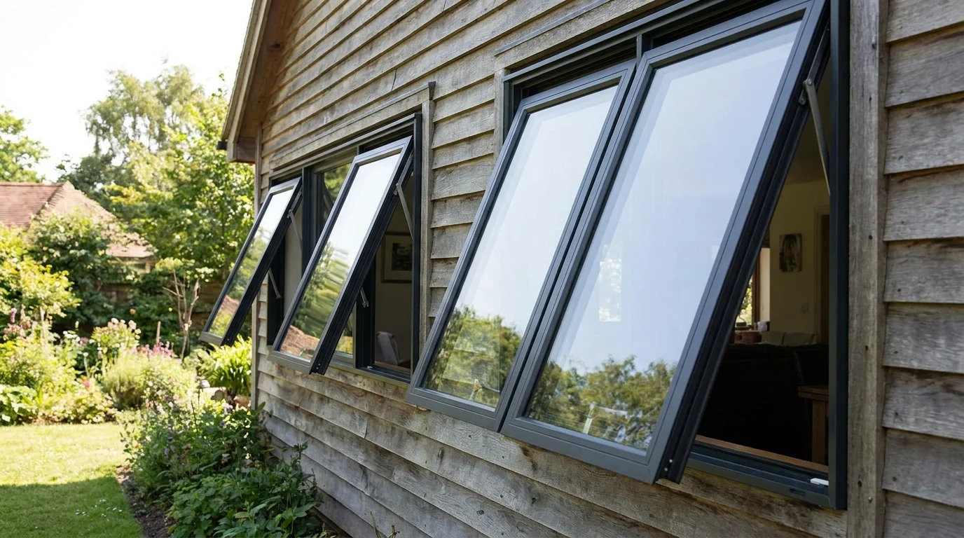 Awning-style window cracked open in a bathroom