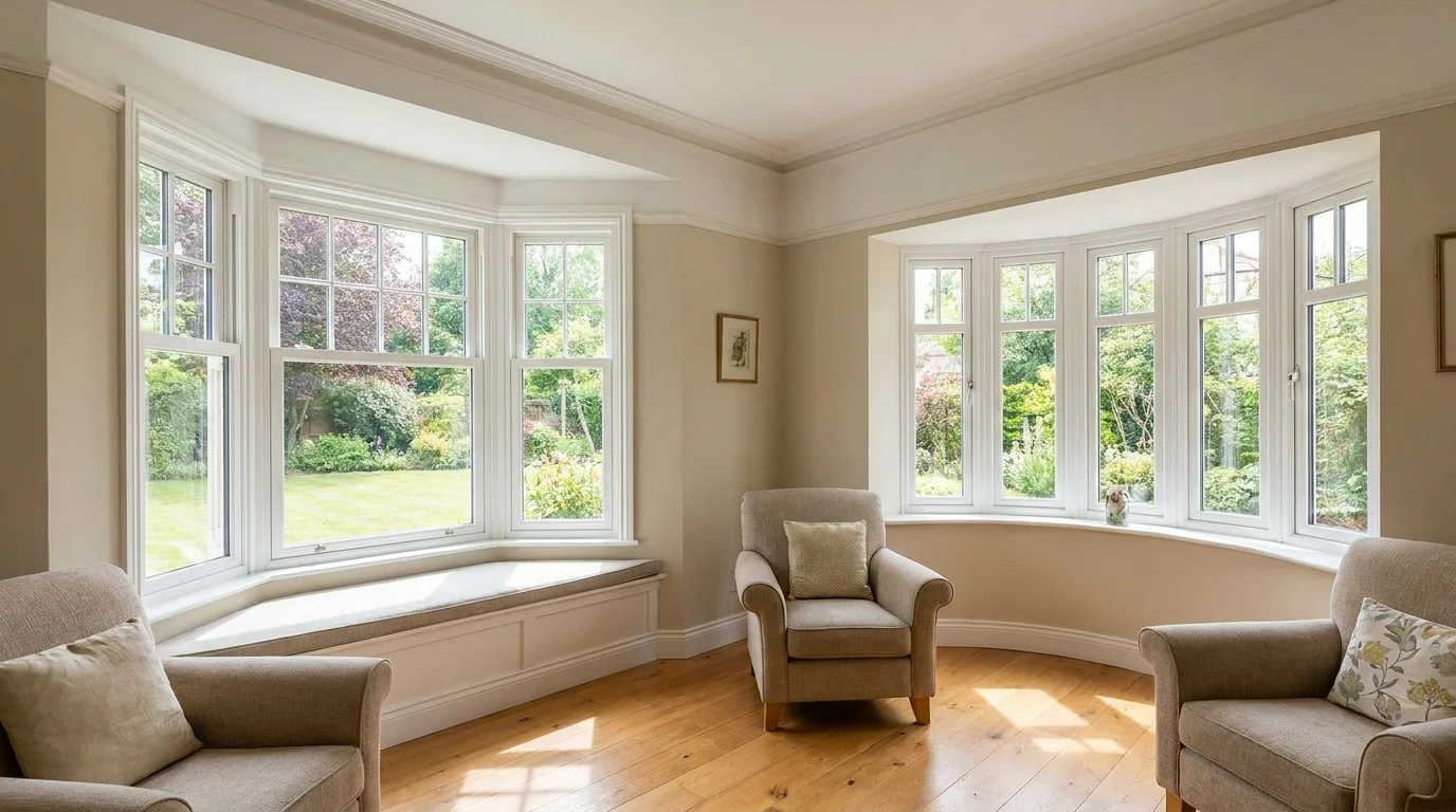 Bright living room with a bay window seating area