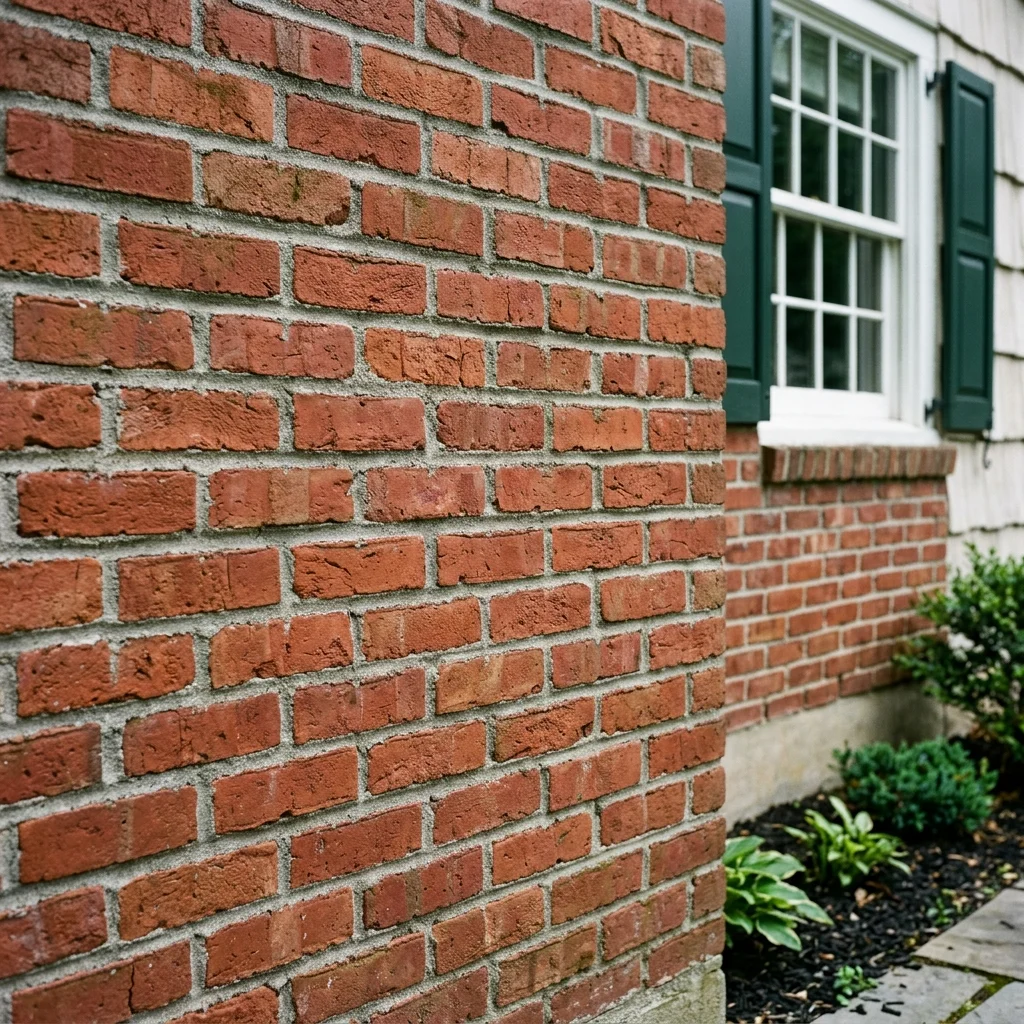 Red brick veneer siding on a New Jersey home exterior