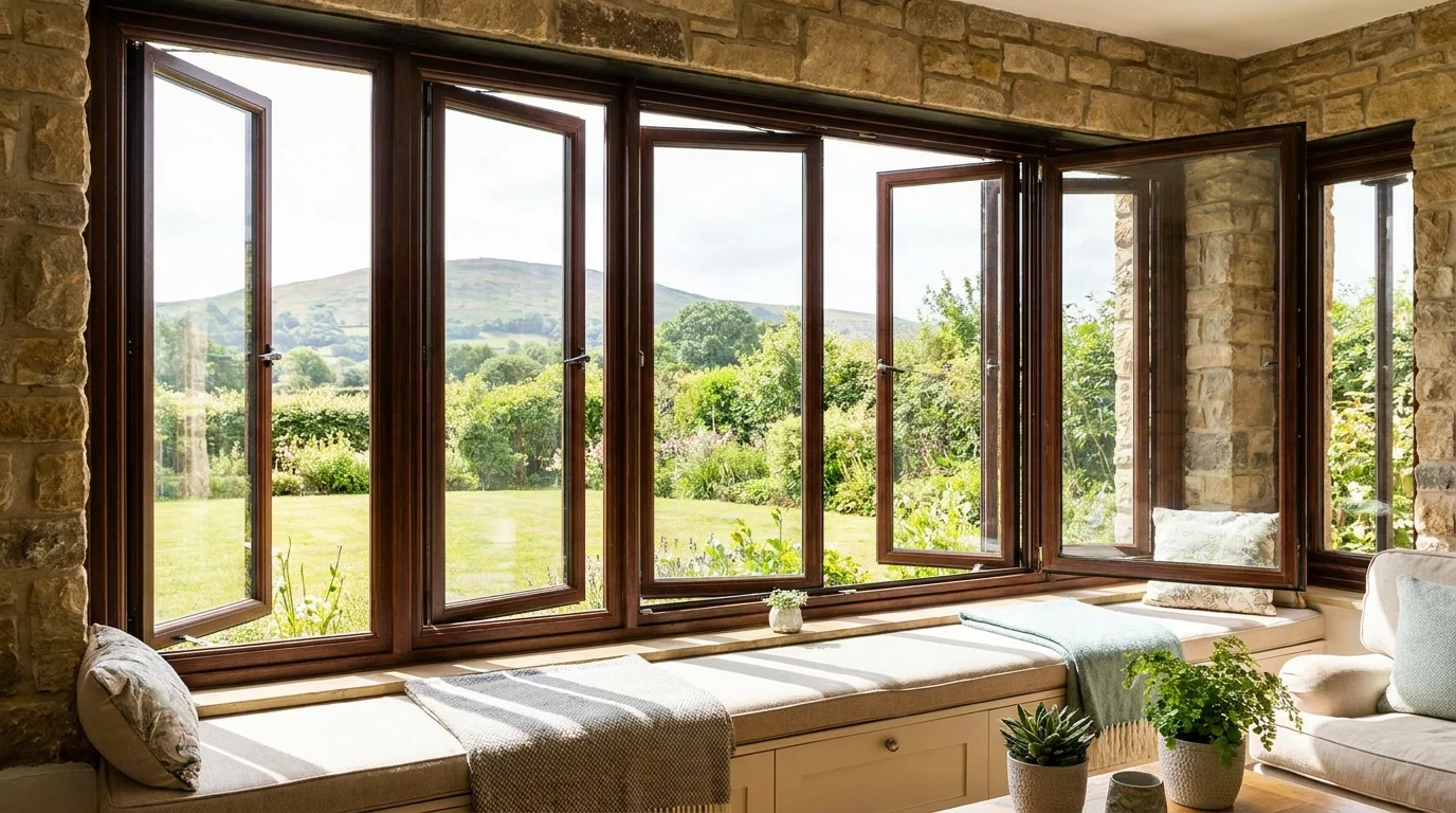 Casement window cranked open over a kitchen sink