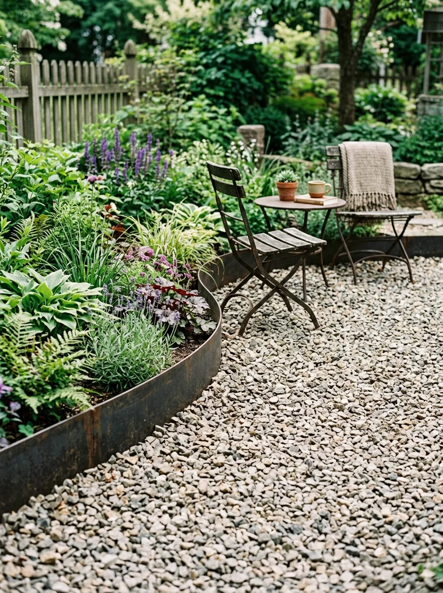 Gravel patio seating area with fire pit in a New Jersey backyard